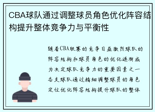 CBA球队通过调整球员角色优化阵容结构提升整体竞争力与平衡性