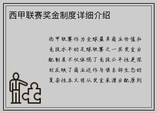 西甲联赛奖金制度详细介绍